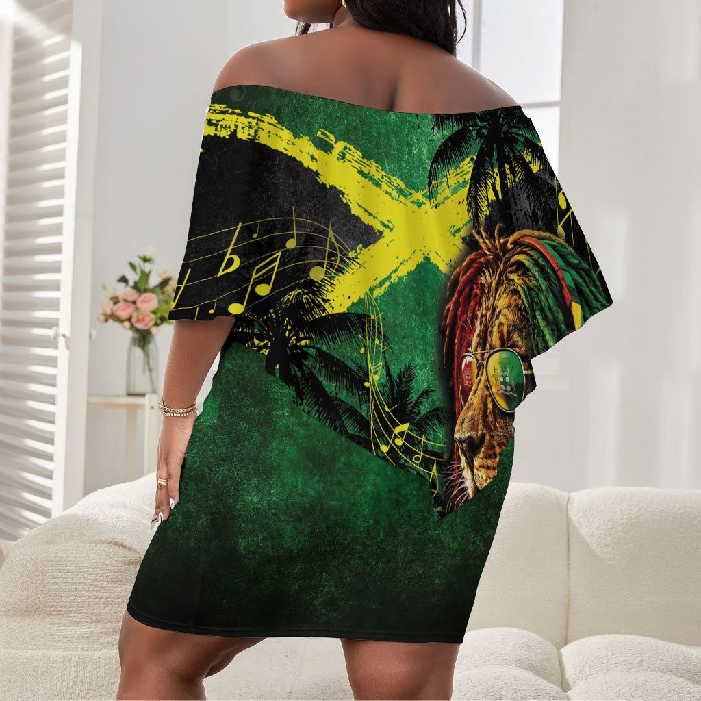 One Love Jamaica Off Shoulder Short Dress Rastafarian Lion Reggae Grunge Style