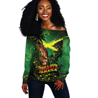 One Love Jamaica Off Shoulder Sweater Rastafarian Lion Reggae Grunge Style