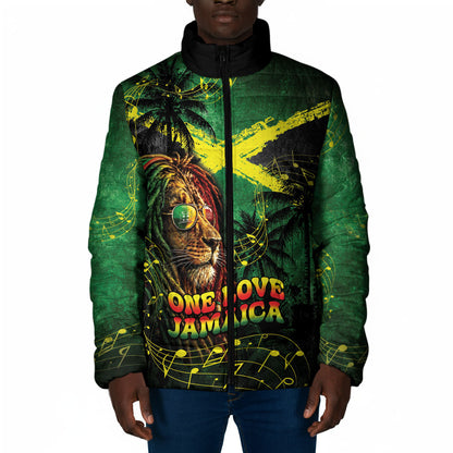 One Love Jamaica Padded Jacket Rastafarian Lion Reggae Grunge Style