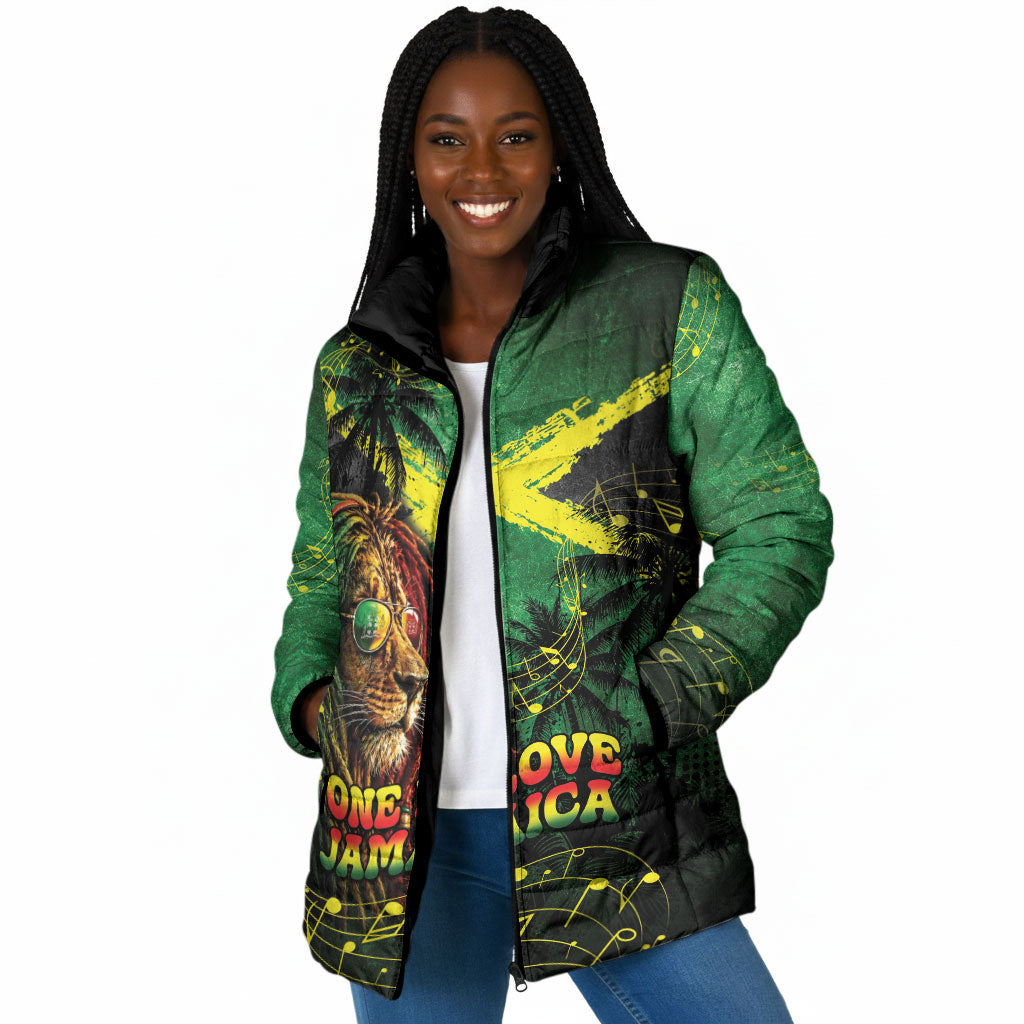 One Love Jamaica Padded Jacket Rastafarian Lion Reggae Grunge Style