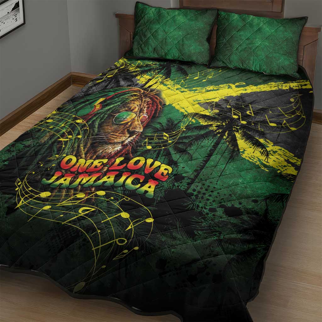 One Love Jamaica Quilt Bed Set Rastafarian Lion Reggae Grunge Style