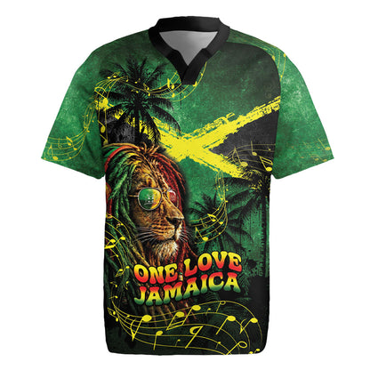 One Love Jamaica Rugby Jersey Rastafarian Lion Reggae Grunge Style