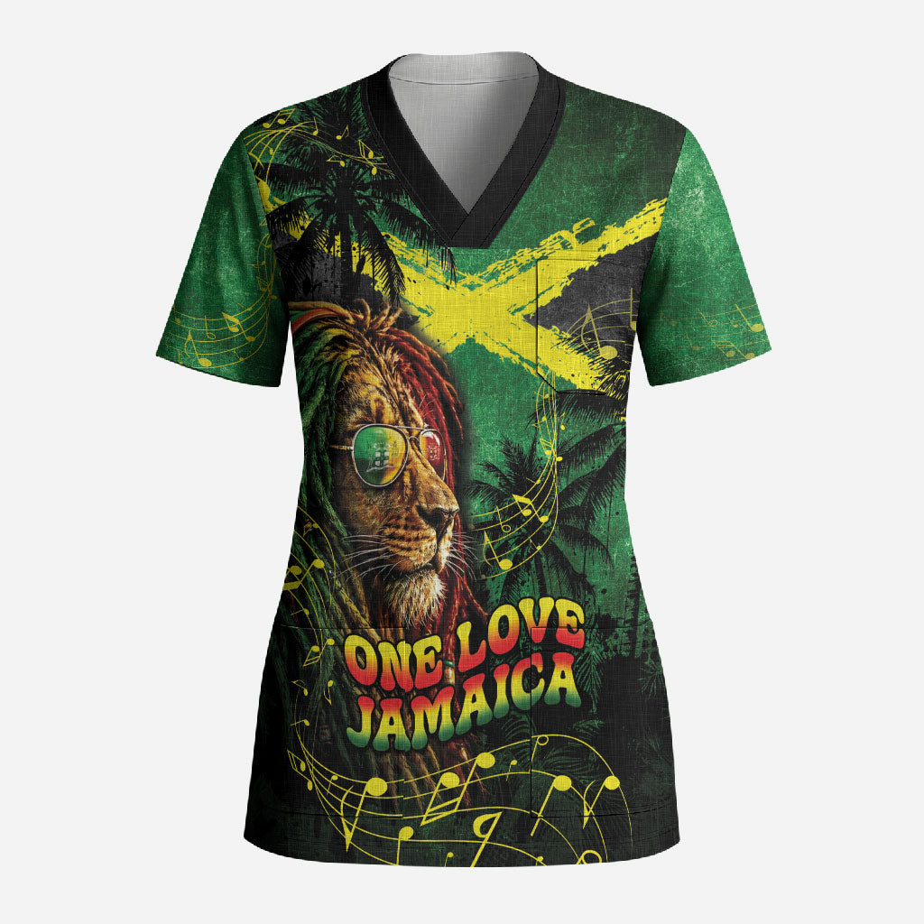 One Love Jamaica Scrub Top Rastafarian Lion Reggae Grunge Style