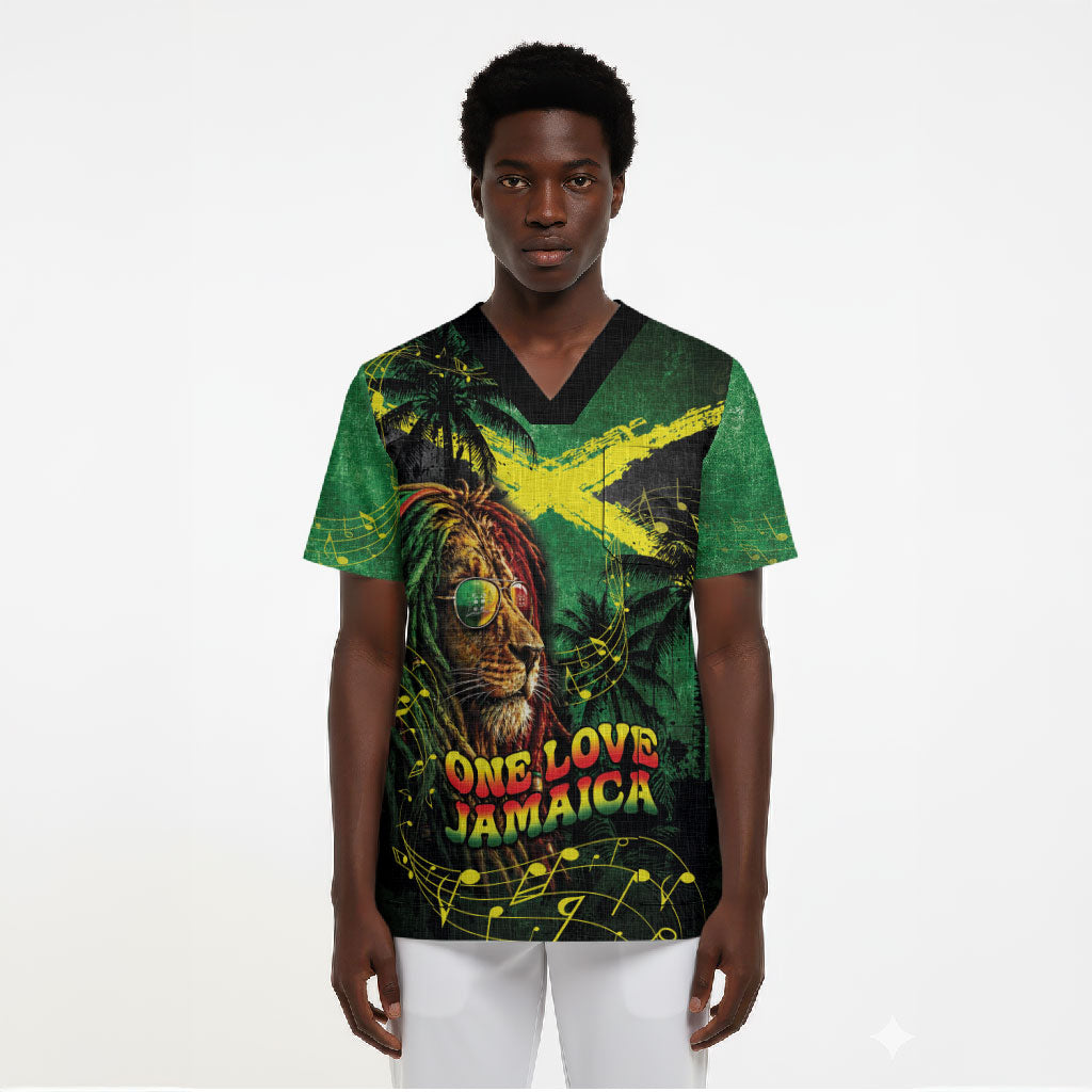 One Love Jamaica Scrub Top Rastafarian Lion Reggae Grunge Style