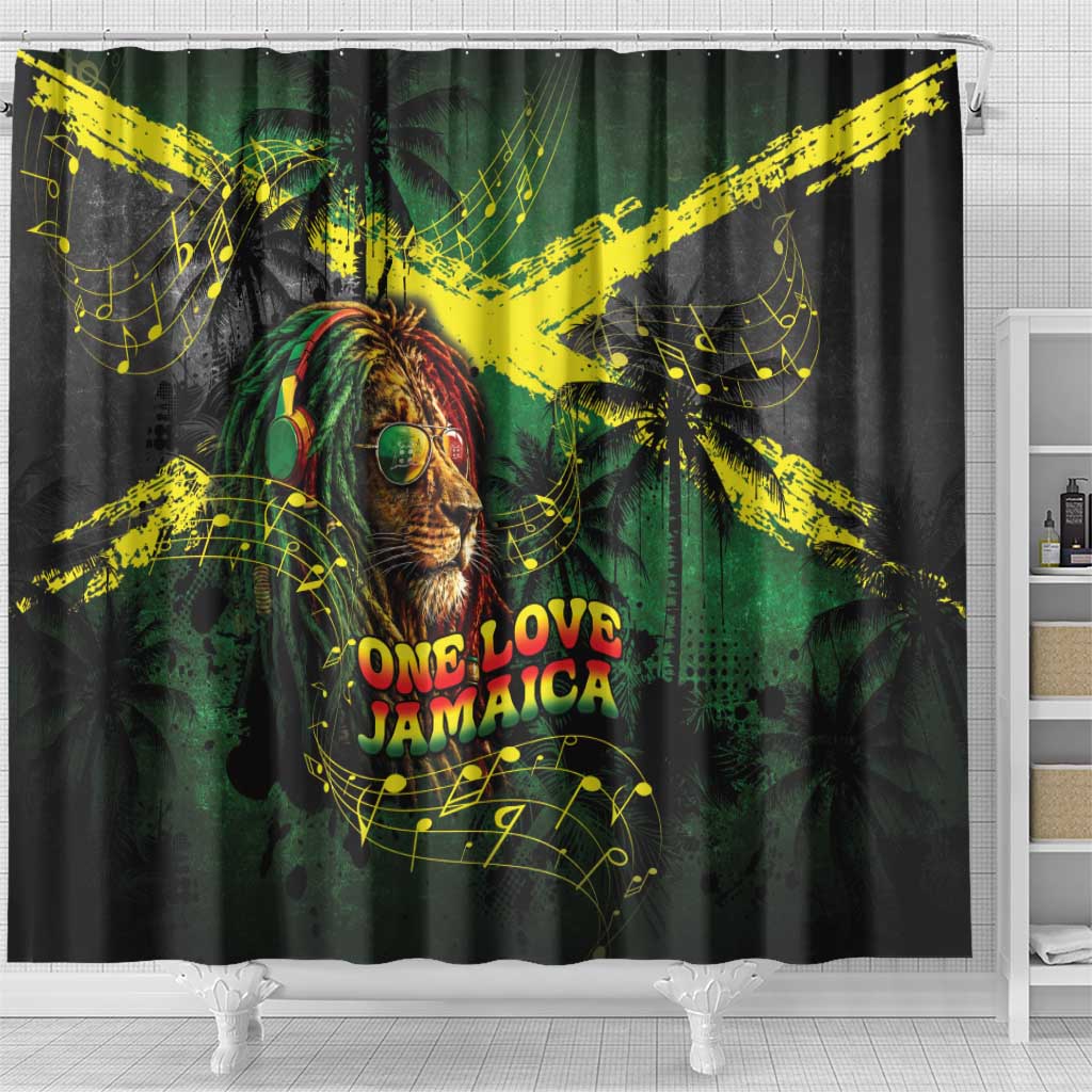 One Love Jamaica Shower Curtain Rastafarian Lion Reggae Grunge Style