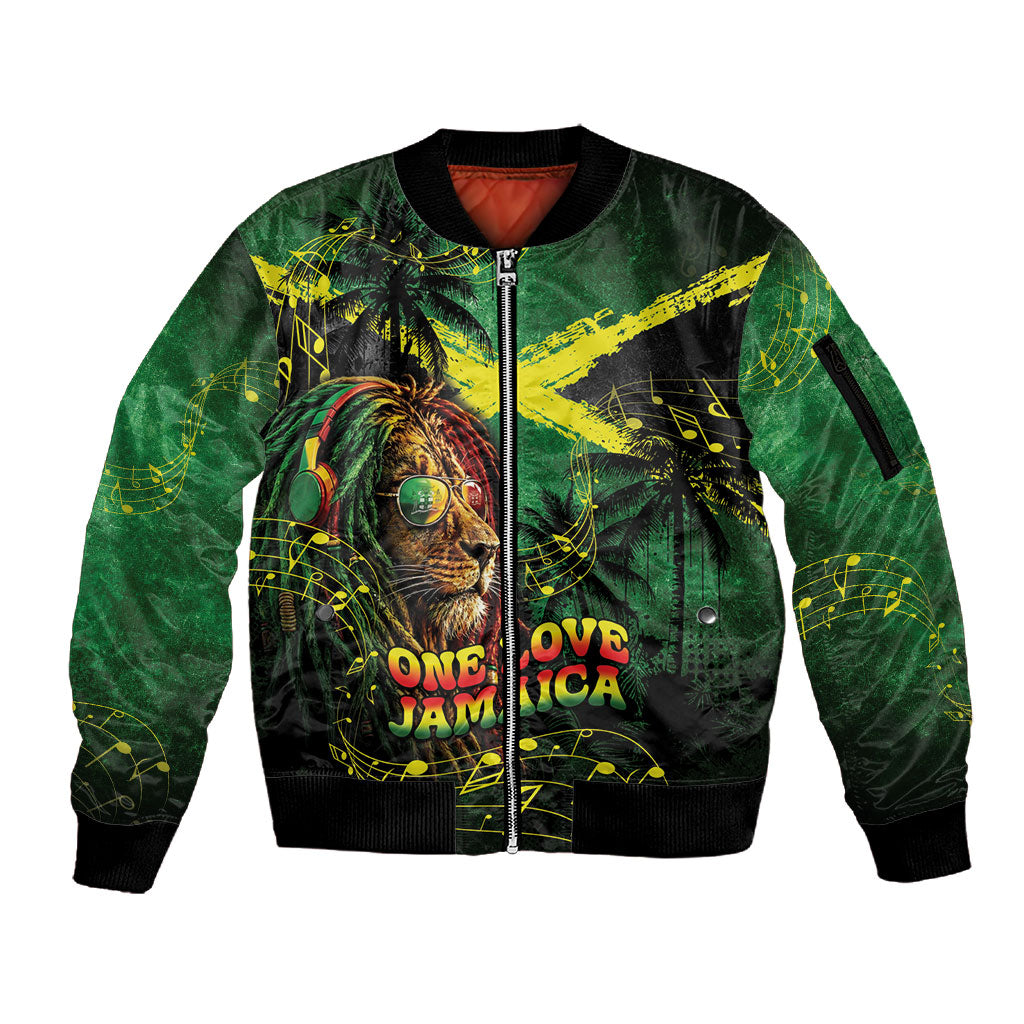 One Love Jamaica Sleeve Zip Bomber Jacket Rastafarian Lion Reggae Grunge Style