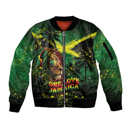One Love Jamaica Sleeve Zip Bomber Jacket Rastafarian Lion Reggae Grunge Style
