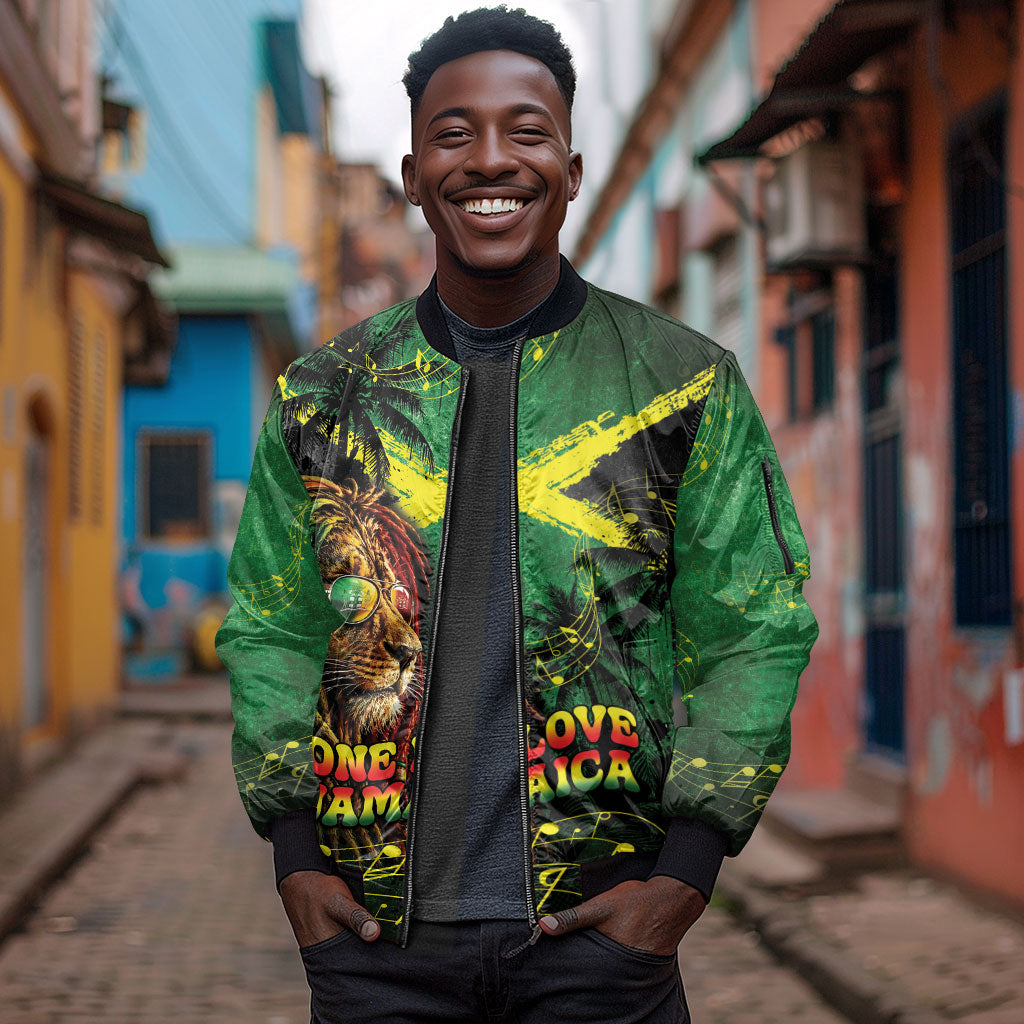 One Love Jamaica Sleeve Zip Bomber Jacket Rastafarian Lion Reggae Grunge Style