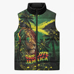 One Love Jamaica Sleeveless Puffer Jacket Rastafarian Lion Reggae Grunge Style