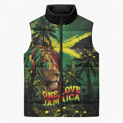 One Love Jamaica Sleeveless Puffer Jacket Rastafarian Lion Reggae Grunge Style