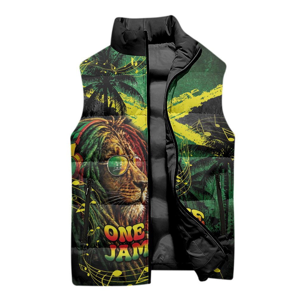 One Love Jamaica Sleeveless Puffer Jacket Rastafarian Lion Reggae Grunge Style