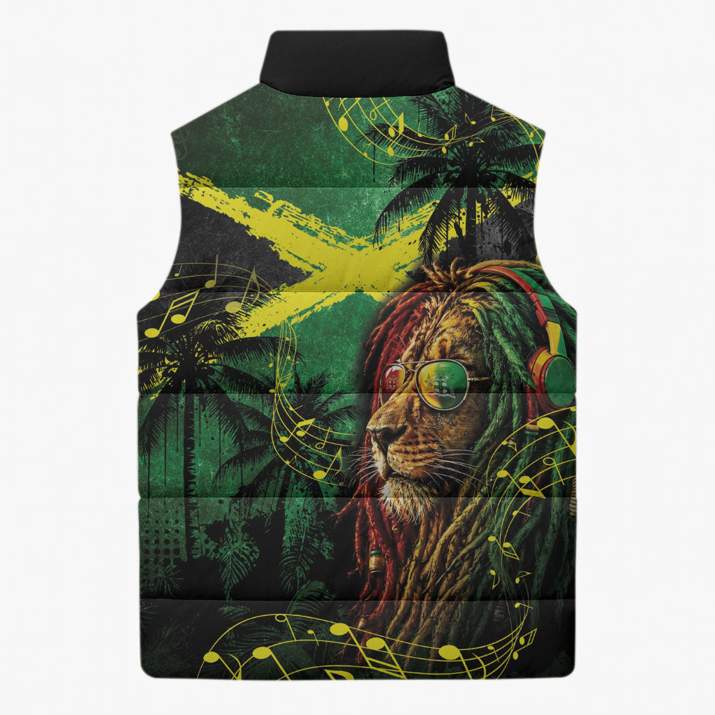 One Love Jamaica Sleeveless Puffer Jacket Rastafarian Lion Reggae Grunge Style