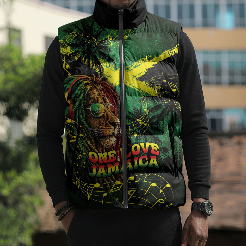 One Love Jamaica Sleeveless Puffer Jacket Rastafarian Lion Reggae Grunge Style
