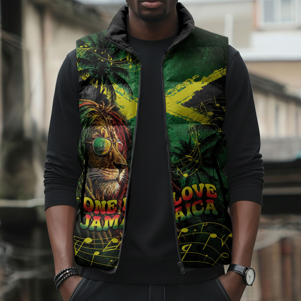 One Love Jamaica Sleeveless Puffer Jacket Rastafarian Lion Reggae Grunge Style