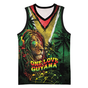 One Love Guyana Basketball Jersey Rastafarian Lion Reggae Grunge Style