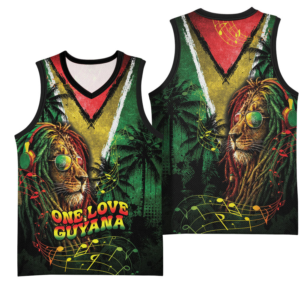 One Love Guyana Basketball Jersey Rastafarian Lion Reggae Grunge Style