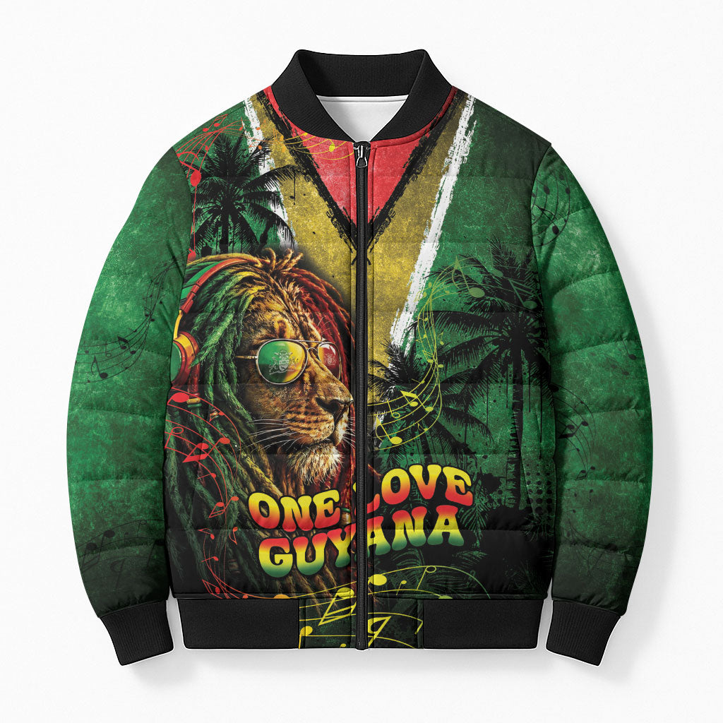 One Love Guyana Bomber Puffer Jacket Rastafarian Lion Reggae Grunge Style
