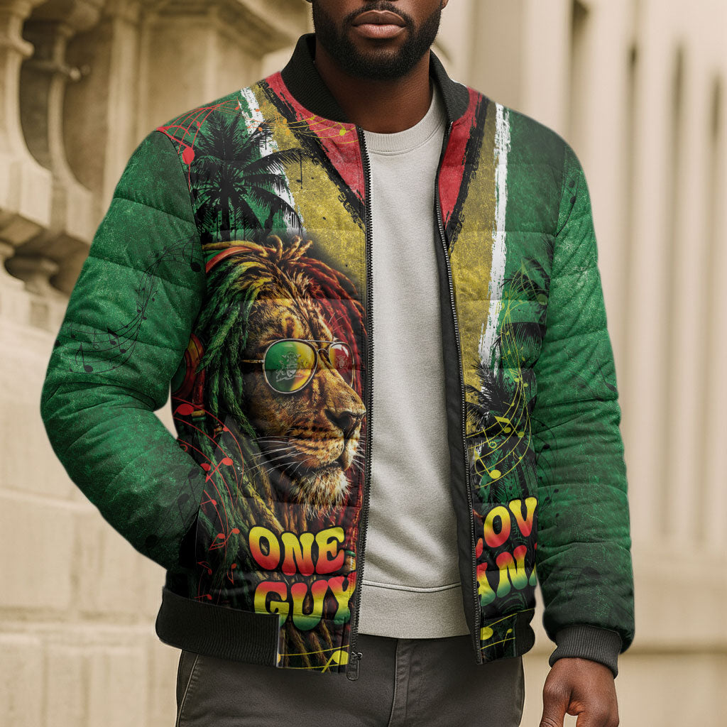One Love Guyana Bomber Puffer Jacket Rastafarian Lion Reggae Grunge Style