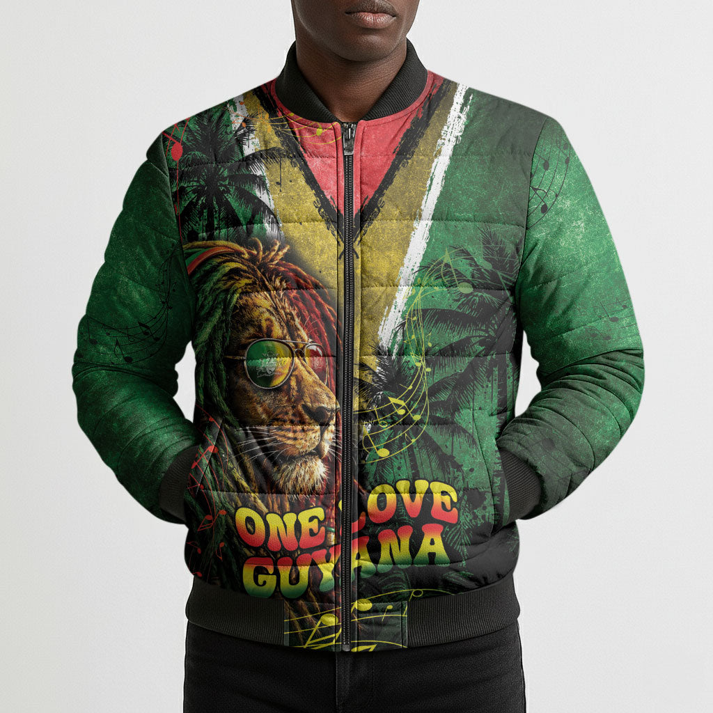 One Love Guyana Bomber Puffer Jacket Rastafarian Lion Reggae Grunge Style