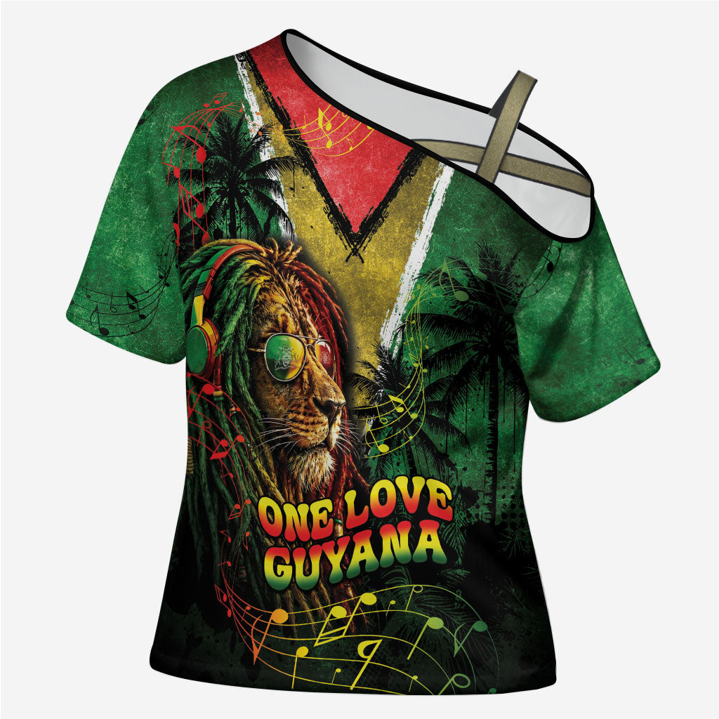One Love Guyana Cross Shoulder Shirt Rastafarian Lion Reggae Grunge Style