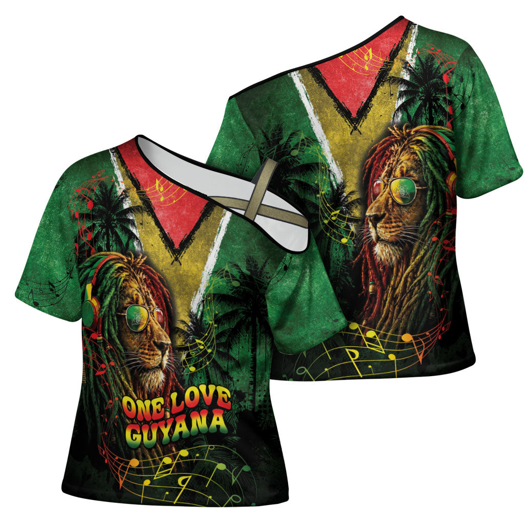 One Love Guyana Cross Shoulder Shirt Rastafarian Lion Reggae Grunge Style