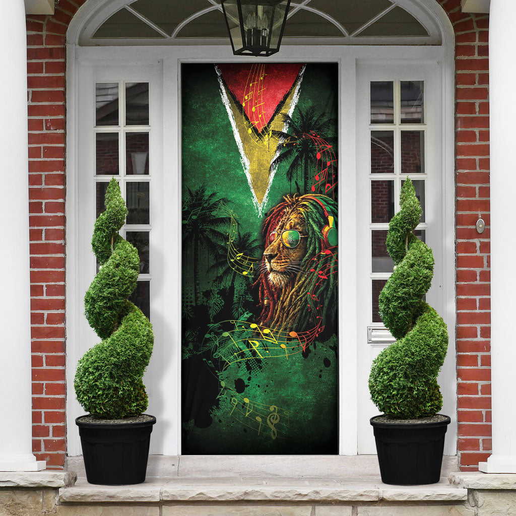 One Love Guyana Door Cover Rastafarian Lion Reggae Grunge Style