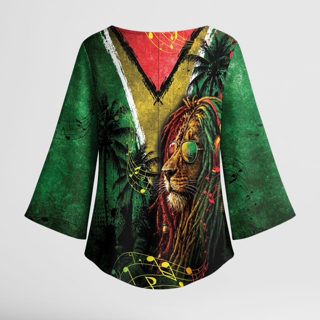 One Love Guyana Kimono Sleeve Blouse Rastafarian Lion Reggae Grunge Style