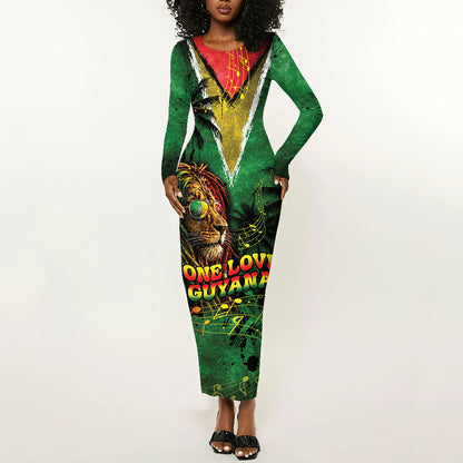 One Love Guyana Long Sleeve Bodycon Dress Rastafarian Lion Reggae Grunge Style