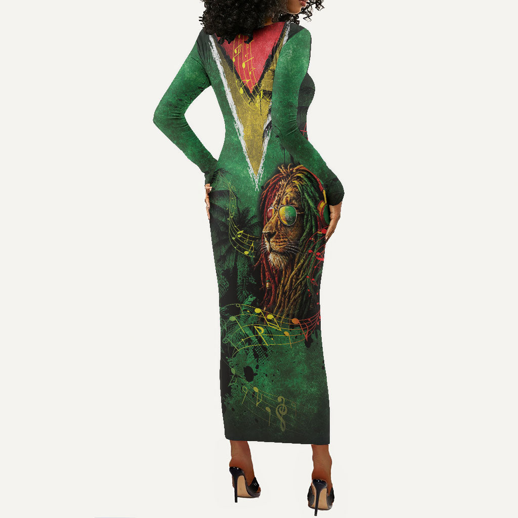 One Love Guyana Long Sleeve Bodycon Dress Rastafarian Lion Reggae Grunge Style