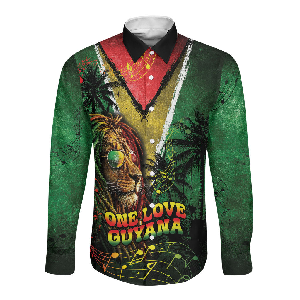 One Love Guyana Long Sleeve Button Shirt Rastafarian Lion Reggae Grunge Style