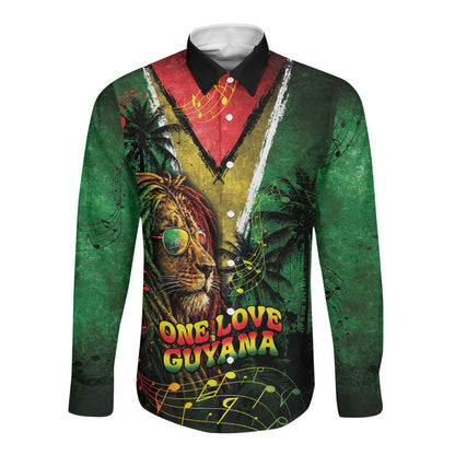 One Love Guyana Long Sleeve Button Shirt Rastafarian Lion Reggae Grunge Style