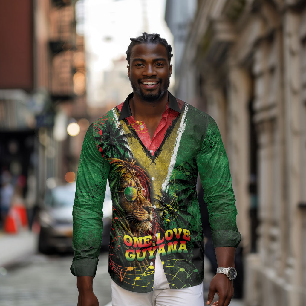 One Love Guyana Long Sleeve Button Shirt Rastafarian Lion Reggae Grunge Style