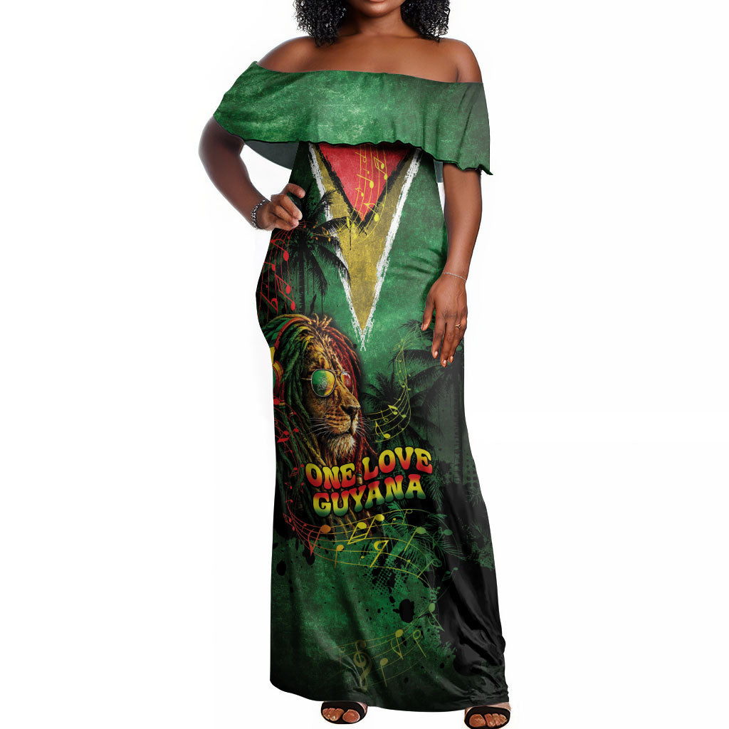 One Love Guyana Off Shoulder Maxi Dress Rastafarian Lion Reggae Grunge Style
