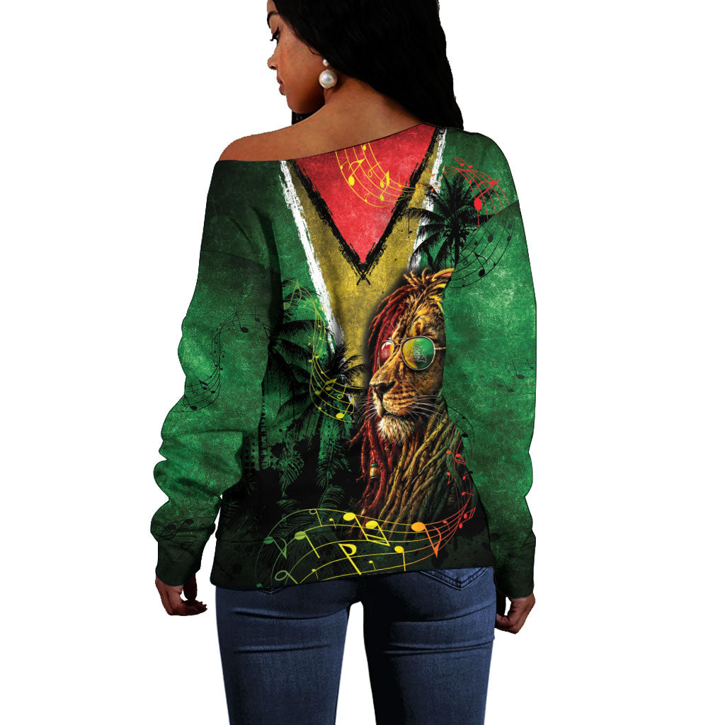 One Love Guyana Off Shoulder Sweater Rastafarian Lion Reggae Grunge Style