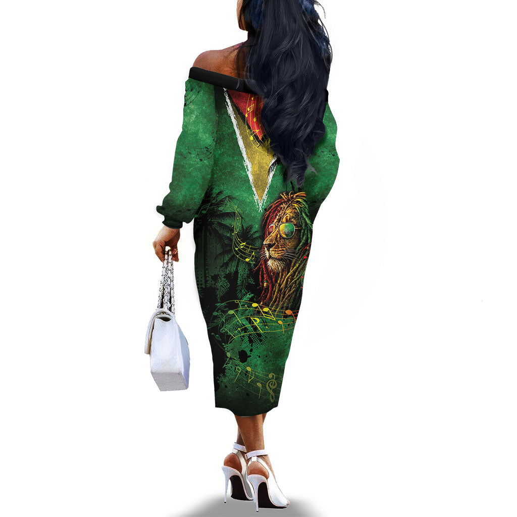One Love Guyana Off The Shoulder Long Sleeve Dress Rastafarian Lion Reggae Grunge Style