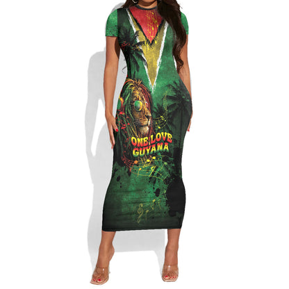 One Love Guyana Short Sleeve Bodycon Dress Rastafarian Lion Reggae Grunge Style