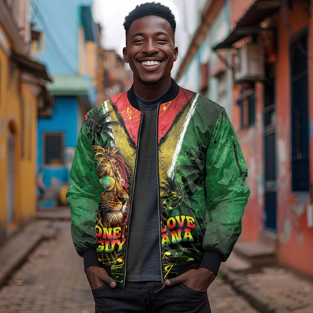 One Love Guyana Sleeve Zip Bomber Jacket Rastafarian Lion Reggae Grunge Style