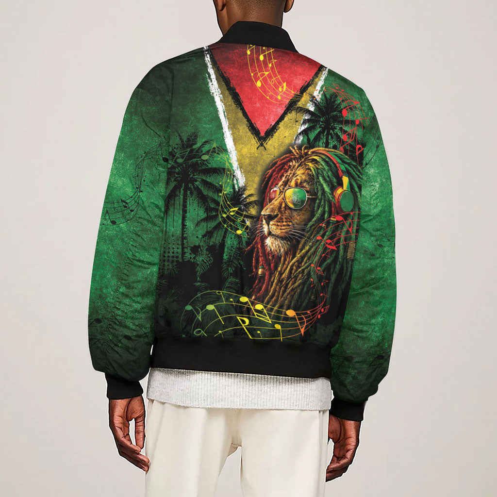 One Love Guyana Sleeve Zip Bomber Jacket Rastafarian Lion Reggae Grunge Style
