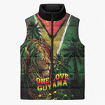 One Love Guyana Sleeveless Puffer Jacket Rastafarian Lion Reggae Grunge Style