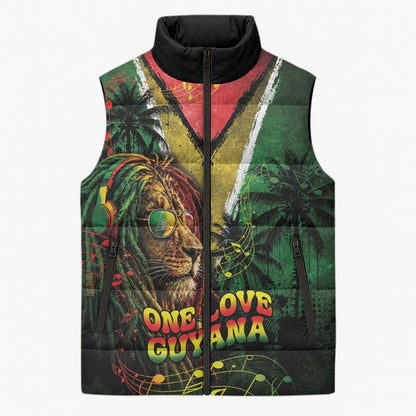 One Love Guyana Sleeveless Puffer Jacket Rastafarian Lion Reggae Grunge Style