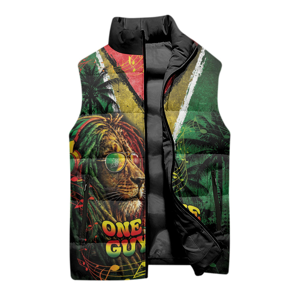 One Love Guyana Sleeveless Puffer Jacket Rastafarian Lion Reggae Grunge Style