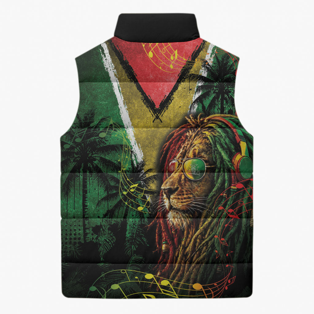 One Love Guyana Sleeveless Puffer Jacket Rastafarian Lion Reggae Grunge Style