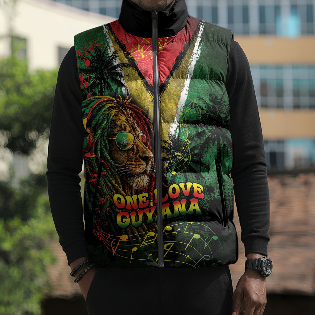 One Love Guyana Sleeveless Puffer Jacket Rastafarian Lion Reggae Grunge Style