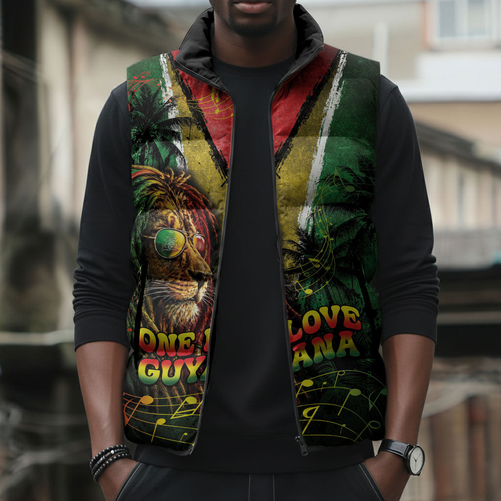 One Love Guyana Sleeveless Puffer Jacket Rastafarian Lion Reggae Grunge Style