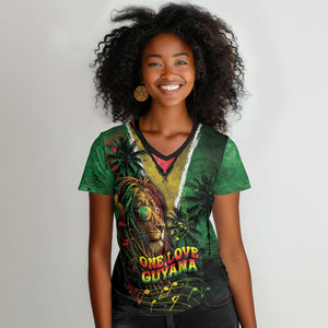 One Love Guyana Women V-Neck T-Shirt Rastafarian Lion Reggae Grunge Style
