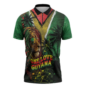 One Love Guyana Zipper Polo Shirt Rastafarian Lion Reggae Grunge Style