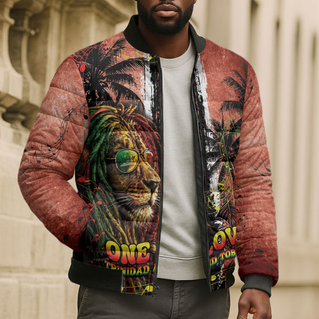 One Love Trinidad And Tobago Bomber Puffer Jacket Rastafarian Lion Reggae Grunge Style