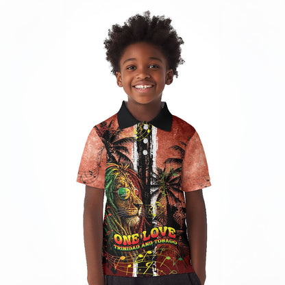 One Love Trinidad And Tobago Kid Polo Shirt Rastafarian Lion Reggae Grunge Style