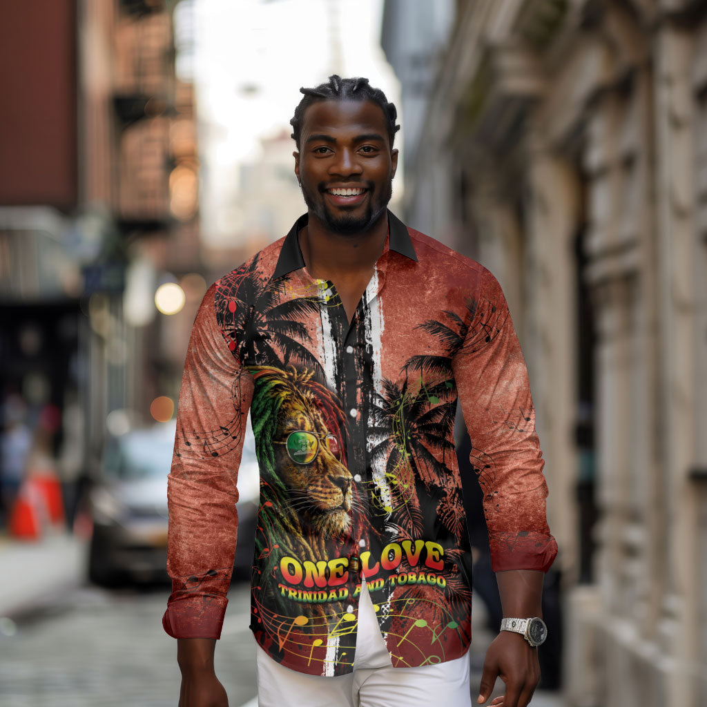 One Love Trinidad And Tobago Long Sleeve Button Shirt Rastafarian Lion Reggae Grunge Style