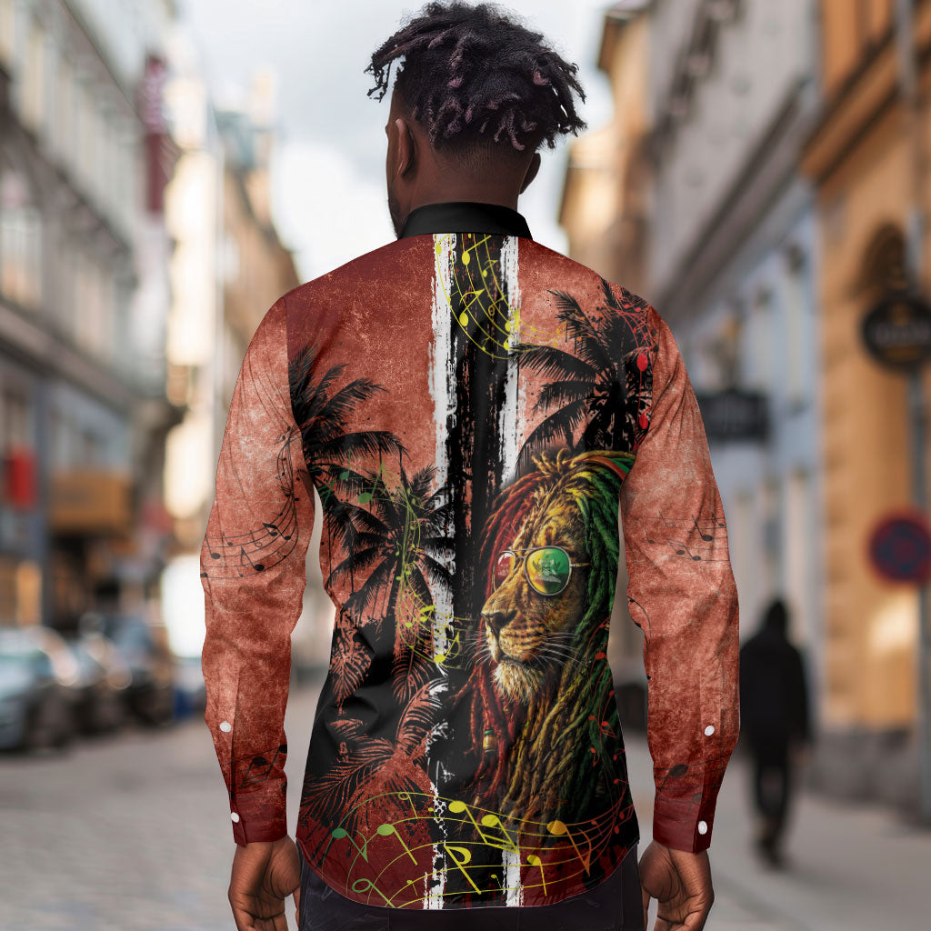One Love Trinidad And Tobago Long Sleeve Button Shirt Rastafarian Lion Reggae Grunge Style